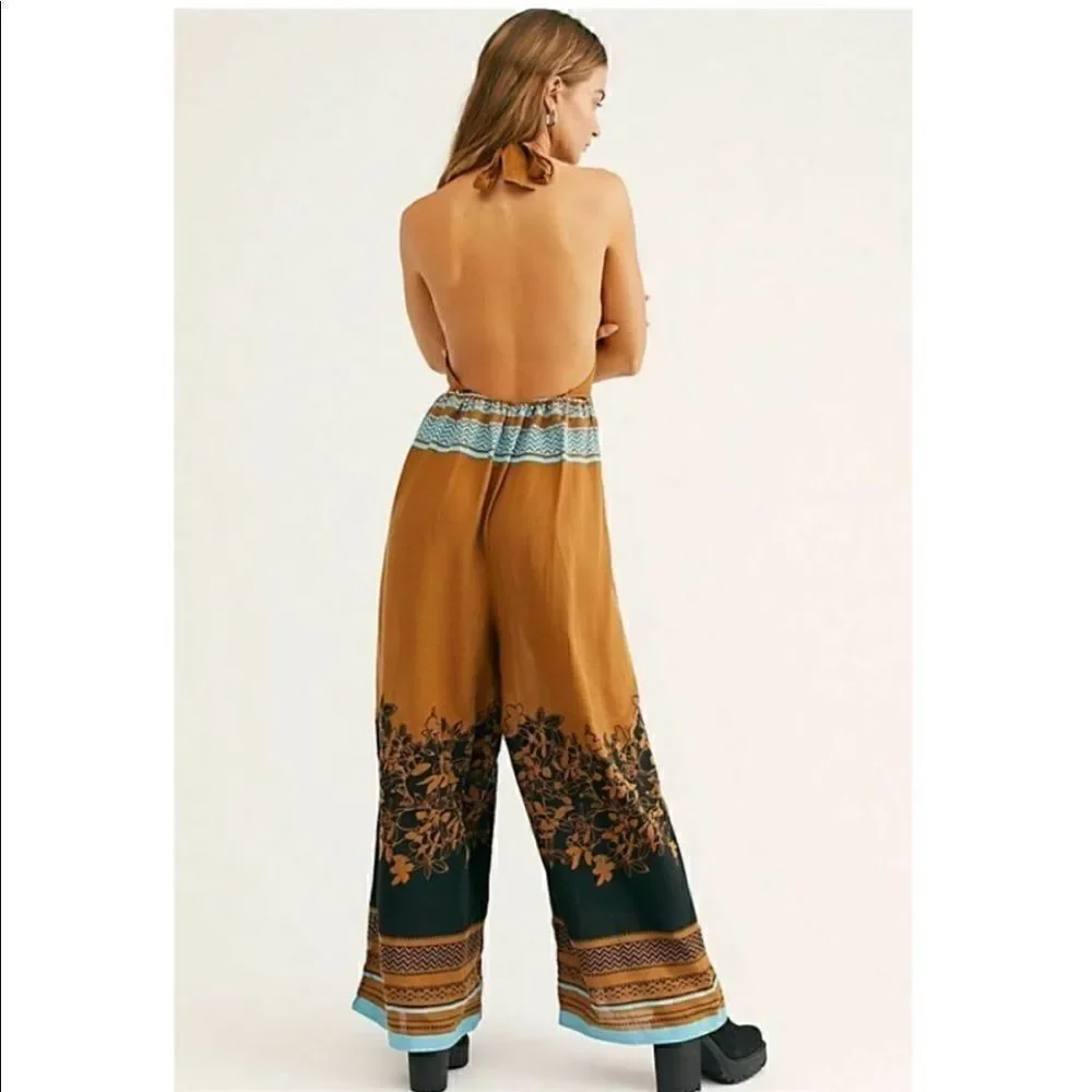 NEW FREE PEOPLE PALM BEACH HALTER PRINTED WIDE LEG ONE PIECE JUMPSUIT